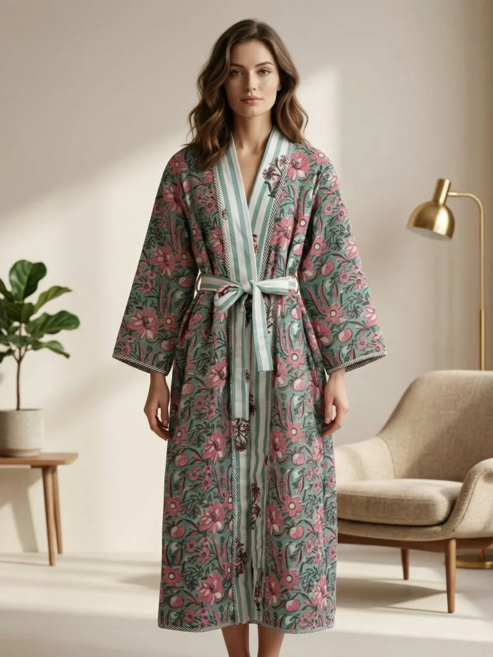 Reversible Cotton Kimono Robe, Hand Block Print Bathrobe, Floral Quilted for Her